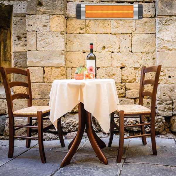 Open dining warmed by outdoor heater